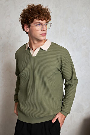 Erkek Polo Yaka Nopeli Oversize Triko Kazak