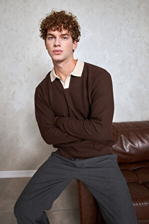 Erkek Polo Yaka Nopeli Oversize Triko Kazak