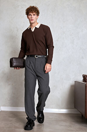 Erkek Polo Yaka Nopeli Oversize Triko Kazak