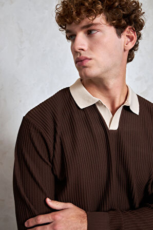 Erkek Polo Yaka Nopeli Oversize Triko Kazak