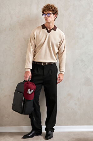 Erkek Polo Yaka Nopeli Oversize Triko Kazak