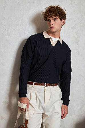 Erkek Polo Yaka Nopeli Oversize Triko Kazak