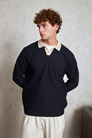 Erkek Polo Yaka Nopeli Oversize Triko Kazak