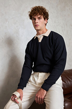 Erkek Polo Yaka Nopeli Oversize Triko Kazak