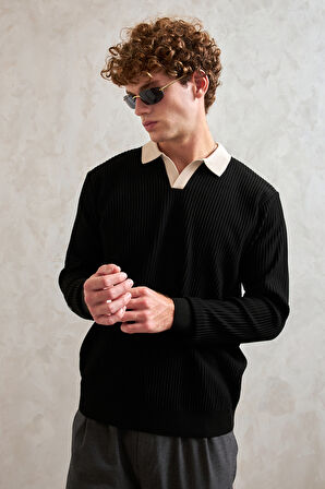 Erkek Polo Yaka Nopeli Oversize Triko Kazak