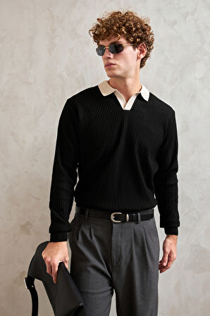 Erkek Polo Yaka Nopeli Oversize Triko Kazak