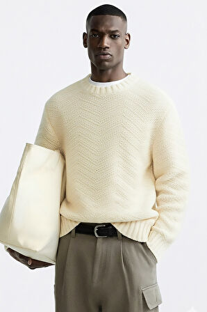 Erkek Bisiklet Yaka Oversize Örgü Desen Kazak