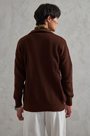 Erkek Yakası Düğmeli Oversize Kazak