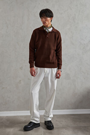 Erkek Yakası Düğmeli Oversize Kazak