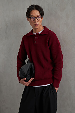 Erkek Yakası Düğmeli Oversize Kazak