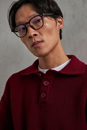 Erkek Yakası Düğmeli Oversize Kazak