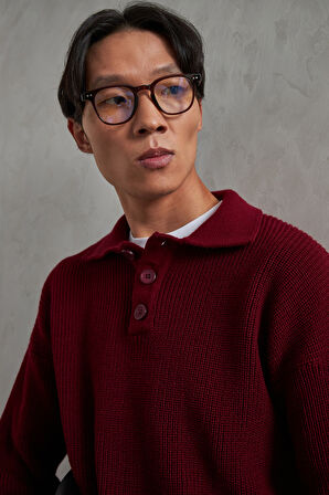 Erkek Yakası Düğmeli Oversize Kazak