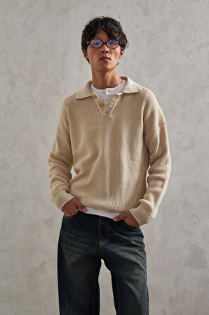 Erkek Yakası Düğmeli Oversize Kazak