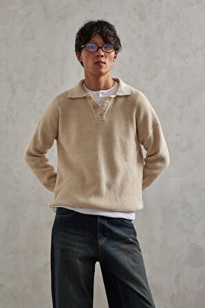 Erkek Yakası Düğmeli Oversize Kazak