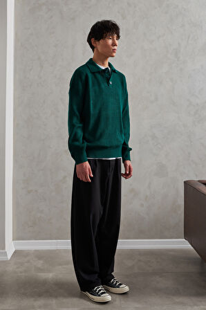 Erkek Yakası Düğmeli Oversize Kazak