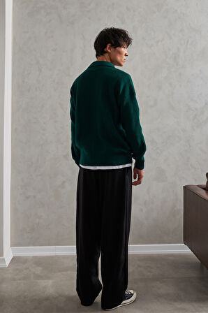 Erkek Yakası Düğmeli Oversize Kazak