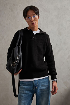 Erkek Yakası Düğmeli Oversize Kazak