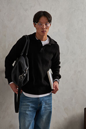 Erkek Yakası Düğmeli Oversize Kazak