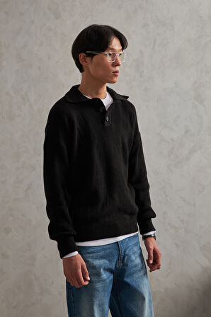 Erkek Yakası Düğmeli Oversize Kazak