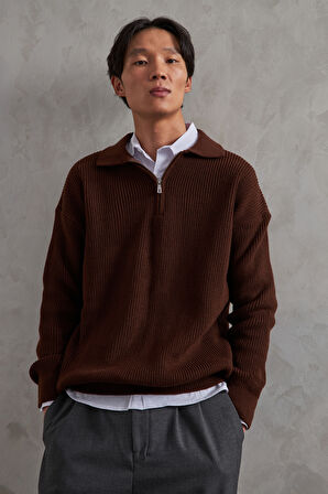 Erkek Yakası Fermuarlı Oversize Kazak