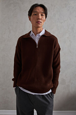 Erkek Yakası Fermuarlı Oversize Kazak