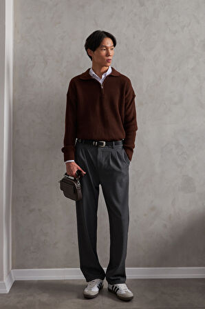 Erkek Yakası Fermuarlı Oversize Kazak