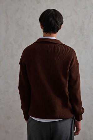 Erkek Yakası Fermuarlı Oversize Kazak