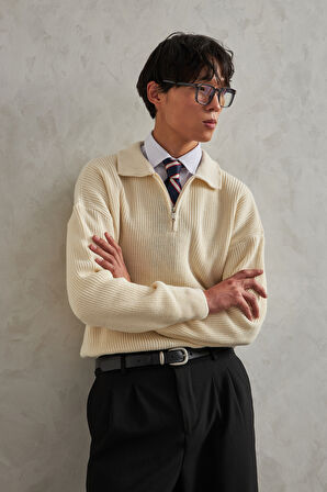 Erkek Yakası Fermuarlı Oversize Kazak