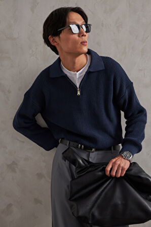 Erkek Yakası Fermuarlı Oversize Kazak