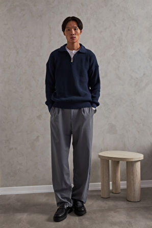 Erkek Yakası Fermuarlı Oversize Kazak