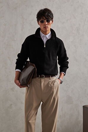 Erkek Yakası Fermuarlı Oversize Kazak