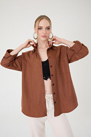 Tek Cepli Oversize Keten Gömlek- Kahverengi