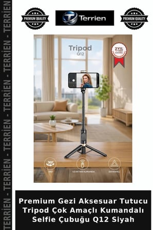 Premium Gezi Aksesuar Tutucu Tripod Çok Amaçlı Kumandalı Selfie Çubuğu Q12 Siyah