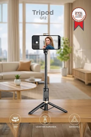 Premium Gezi Aksesuar Tutucu Tripod Çok Amaçlı Kumandalı Selfie Çubuğu Q12 Siyah