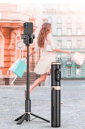 Premium Gezi Aksesuar Tutucu Tripod Çok Amaçlı Kumandalı Selfie Çubuğu Q12 Siyah