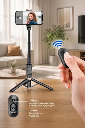 Premium Gezi Aksesuar Tutucu Tripod Çok Amaçlı Kumandalı Selfie Çubuğu Q12 Siyah