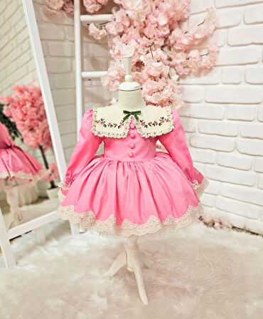 Pembe Çiçek Yakalı Kız Bebek Elbisesi,Doğum günü elbise,0-12 Yaşa Uygun