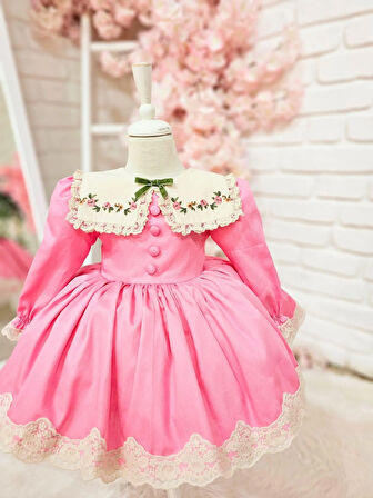 Pembe Çiçek Yakalı Kız Bebek Elbisesi,Doğum günü elbise,0-12 Yaşa Uygun