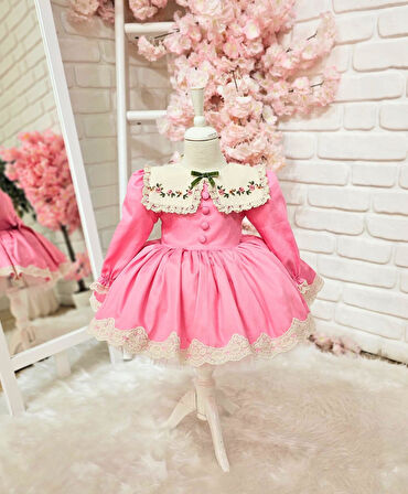 Pembe Çiçek Yakalı Kız Bebek Elbisesi,Doğum günü elbise,0-12 Yaşa Uygun