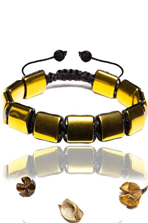 Sertifikalı 24k Altın Kaplama Sarı Hematit Taşı Bileklik - Makrome