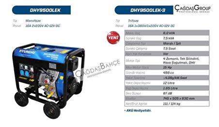 HYUNDAİ DHY9500LEK-3 TRİFAZE 8 KWA MARŞLI DİZEL JENERATÖR
