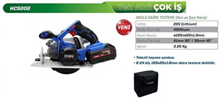 Hyundaı HCS202 Akülü Daire Testere Akü ve Şarj Aleti Hariçtir
