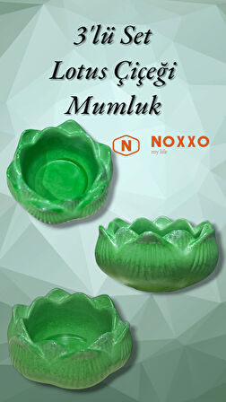 3 lü Lotus Çiçeği Mumluk Seti - Dekoratif Tealight Mumluk Beton Yeşil