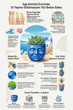 Aegean Blue Serisi: El Boyaması Gülümseyen Yüz Beton Saksı Dekoratif Obje (10cm)