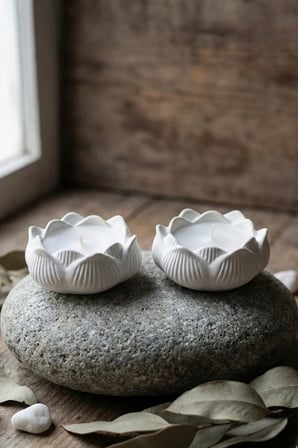 İkili Beton Lotus Mumluk Seti - Minimalist Meditasyon ve Spa Dekoratif Şamdan - Mat Beyaz