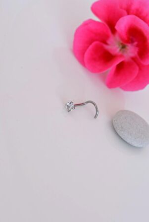 316 L Çelik 3 mm Tektaş Hızma Arkası Kıvrımlı Düşmeyen Burun Piercingi