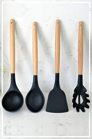 Bambu Saplı Silikon Kaşık & Kepçe & Spatula & Spagetti 4'lü Set-Siyah