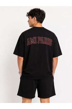 ERKEK KALP DESENLİ AMİ ÖN NAKIŞLI ARKA BASKILI OVERSİZE KALIN KUMAŞ PAMUKLU ŞORT T-SHIRT TAKIM