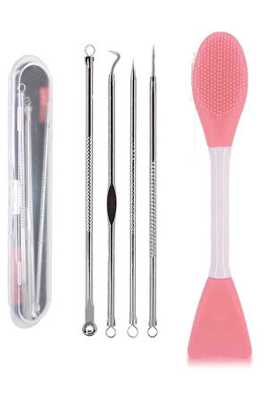 Maske Sürme Ve Siyah Nokta Temizleyici Peeling Fırçası + 4'lü Komedon Seti