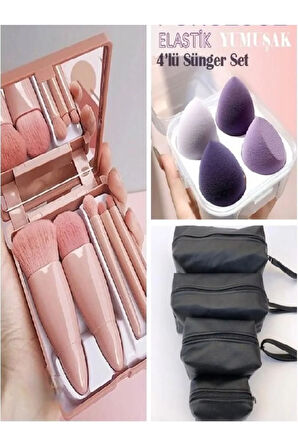 Profesyonel Taşınabilir Aynalı Makyaj Fırça Seti 5'Li + 4'Lü Kutulu Sünger + 4'Lü Makyaj Çantası